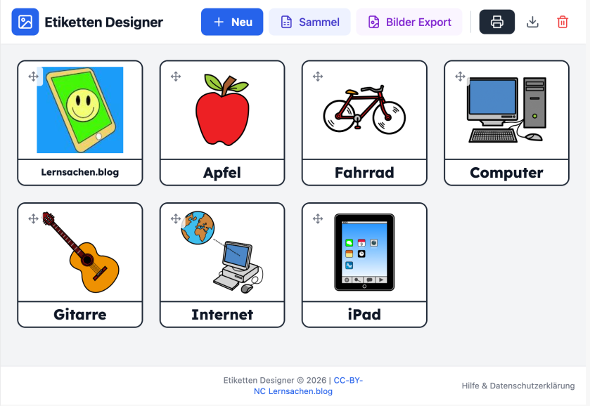 Etiketten Designer: Bild-Wortkarten